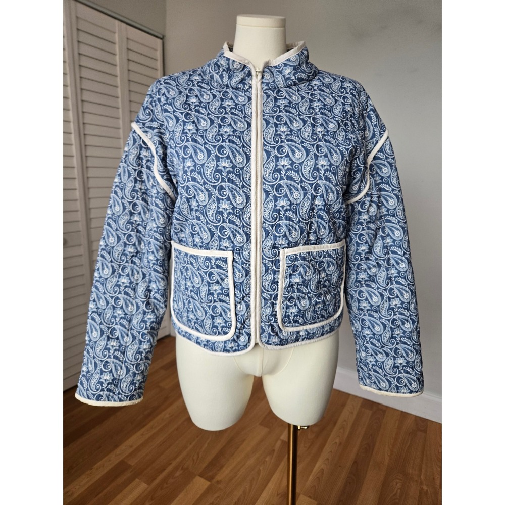 Thread + Supply Blue Paisley Quilted Jacket L Coastal Preppy Cottagecore Outdoor